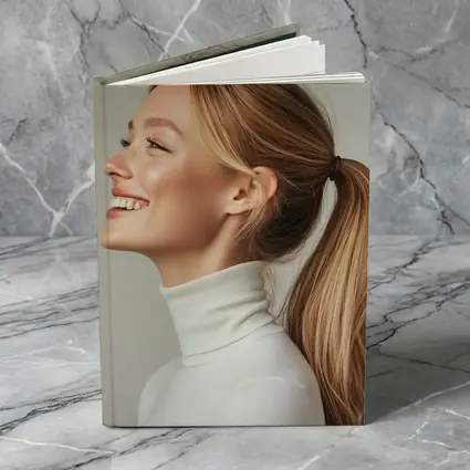 Smiling Woman White Turtleneck Gray Background
