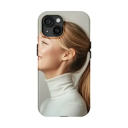Smiling Woman White Turtleneck Gray Background