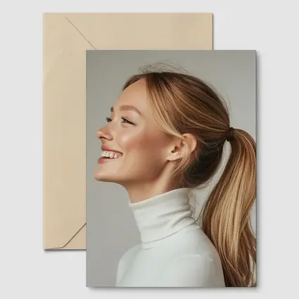 Smiling Woman White Turtleneck Gray Background