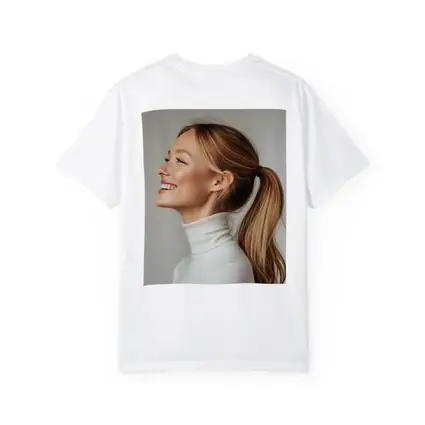 Smiling Woman White Turtleneck Gray Background