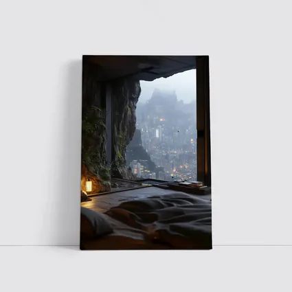 Cave Bedroom Overlooking Misty Futuristic City