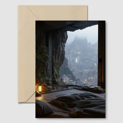 Cave Bedroom Overlooking Misty Futuristic City