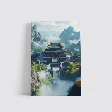 Ancient Chinese Temple Misty Mountain Landscape