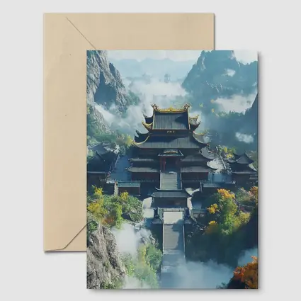 Ancient Chinese Temple Misty Mountain Landscape