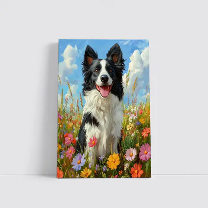Border Collie Dog Sitting In Wildflower Field