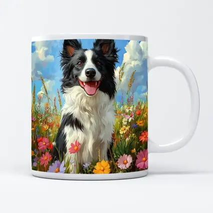 Border Collie Dog Sitting In Wildflower Field