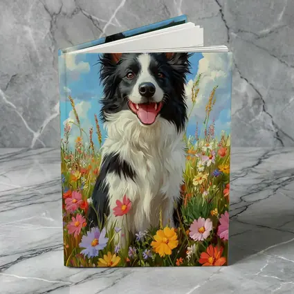 Border Collie Dog Sitting In Wildflower Field