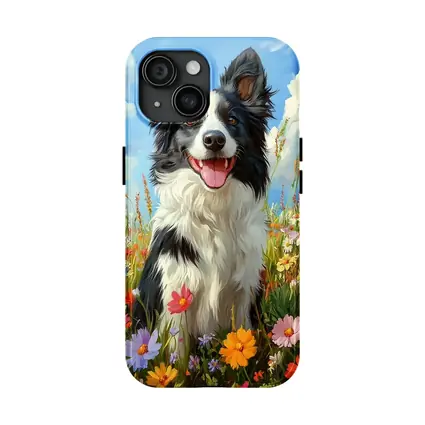 Border Collie Dog Sitting In Wildflower Field