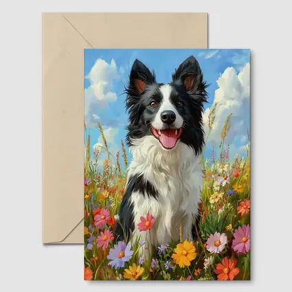 Border Collie Dog Sitting In Wildflower Field