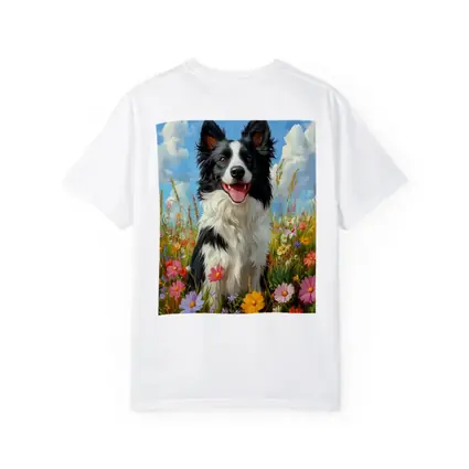Border Collie Dog Sitting In Wildflower Field