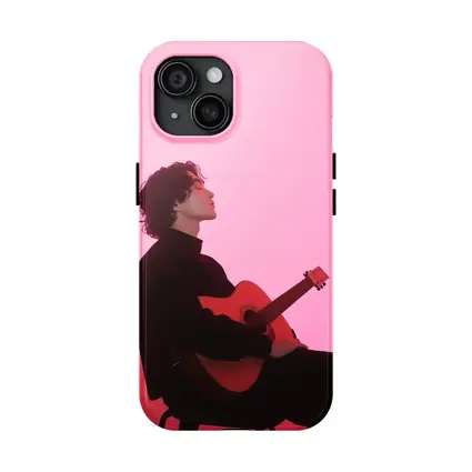 Young Man Guitar Pink Neon Background