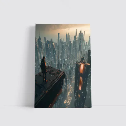 Lone Figure Standing Over Cyberpunk City