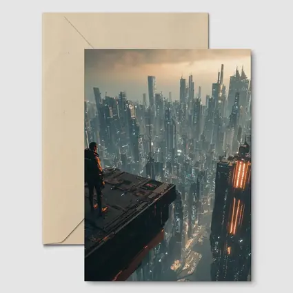 Lone Figure Standing Over Cyberpunk City