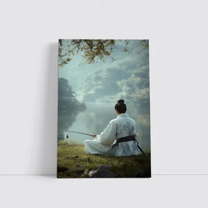 Samurai Man Fishing By Misty Lake