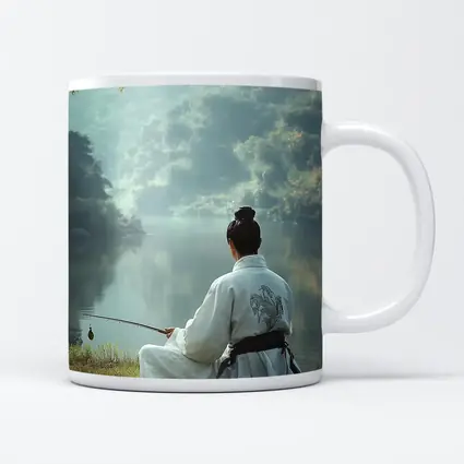 Samurai Man Fishing By Misty Lake