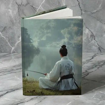 Samurai Man Fishing By Misty Lake