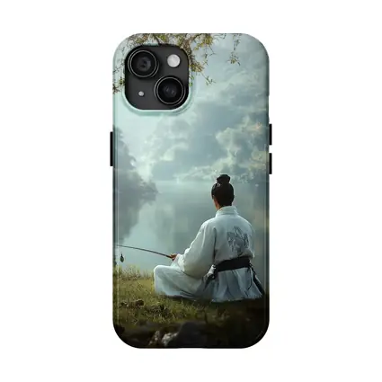 Samurai Man Fishing By Misty Lake