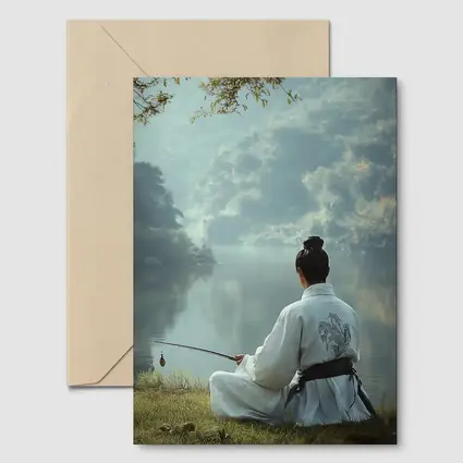 Samurai Man Fishing By Misty Lake