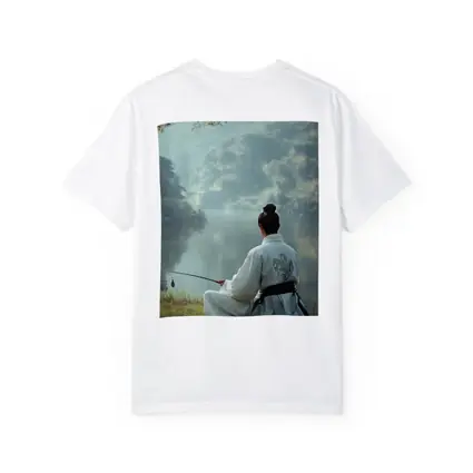Samurai Man Fishing By Misty Lake