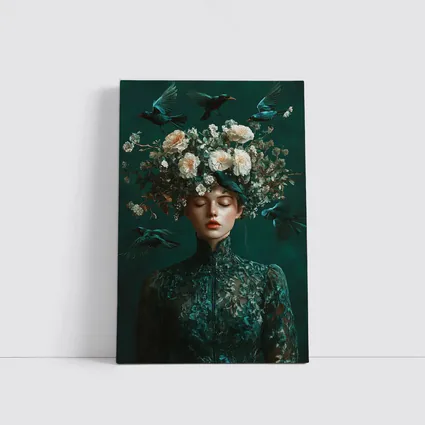 Woman With Flowers And Birds Teal