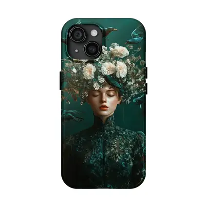 Woman With Flowers And Birds Teal