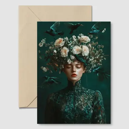 Woman With Flowers And Birds Teal
