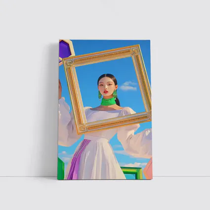 Korean Girl Holding Gold Frame Blue Sky
