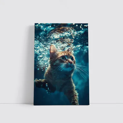 Orange Cat Swimming Underwater Blue Water