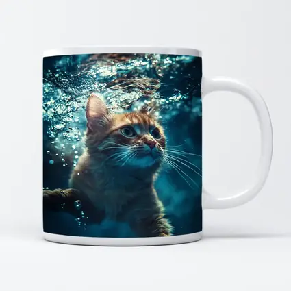 Orange Cat Swimming Underwater Blue Water