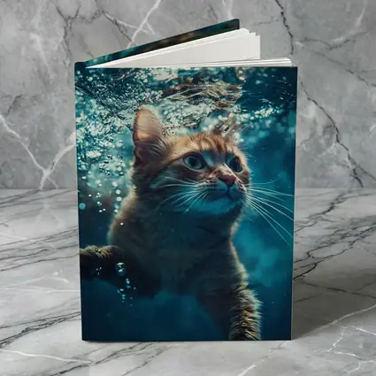 Orange Cat Swimming Underwater Blue Water