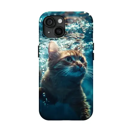 Orange Cat Swimming Underwater Blue Water