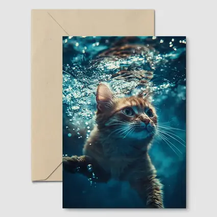 Orange Cat Swimming Underwater Blue Water