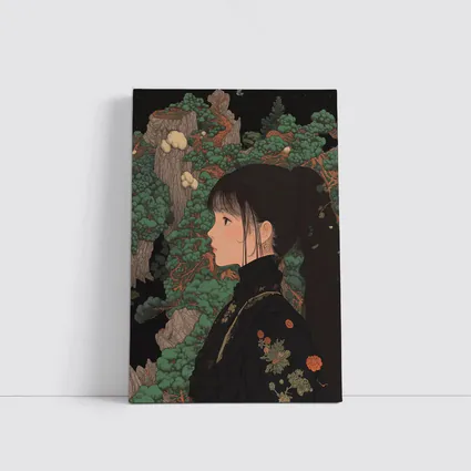 Japanese Illustration Girl Among Ancient Pine Trees