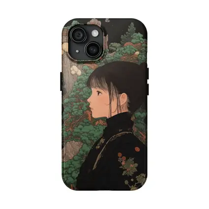 Japanese Illustration Girl Among Ancient Pine Trees