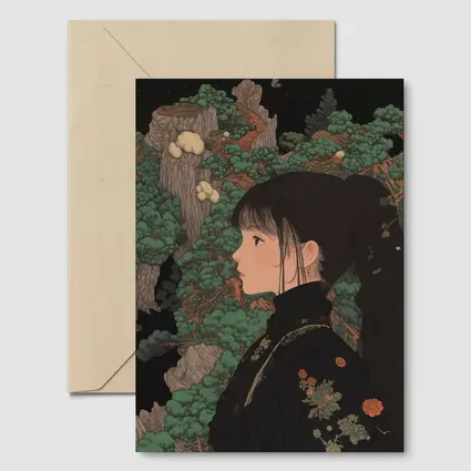 Japanese Illustration Girl Among Ancient Pine Trees
