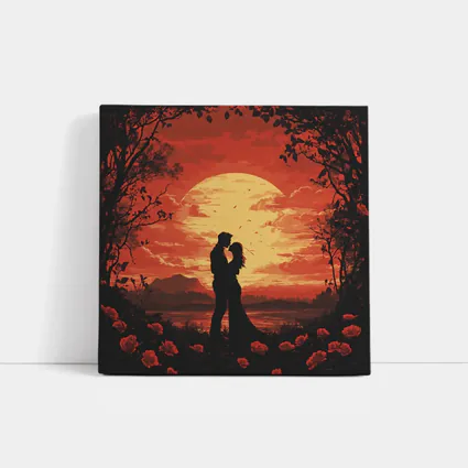 Romantic Couple Silhouette Red Moon Roses