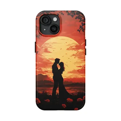 Romantic Couple Silhouette Red Moon Roses