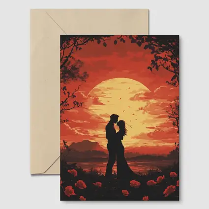 Romantic Couple Silhouette Red Moon Roses