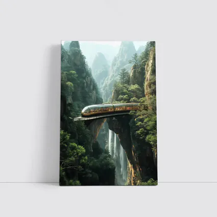 Futuristic Train Over Misty Mountain Waterfall