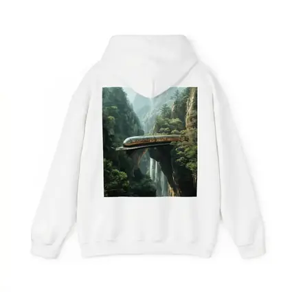 Futuristic Train Over Misty Mountain Waterfall
