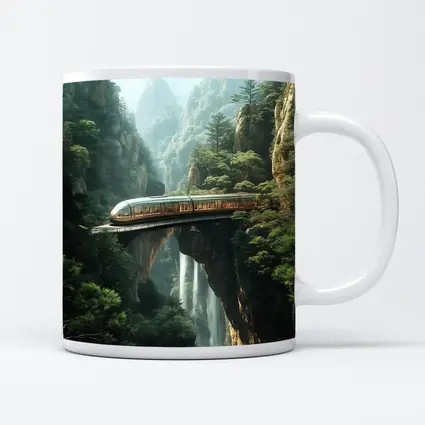 Futuristic Train Over Misty Mountain Waterfall