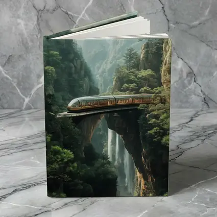 Futuristic Train Over Misty Mountain Waterfall