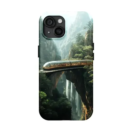 Futuristic Train Over Misty Mountain Waterfall