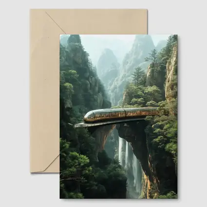 Futuristic Train Over Misty Mountain Waterfall