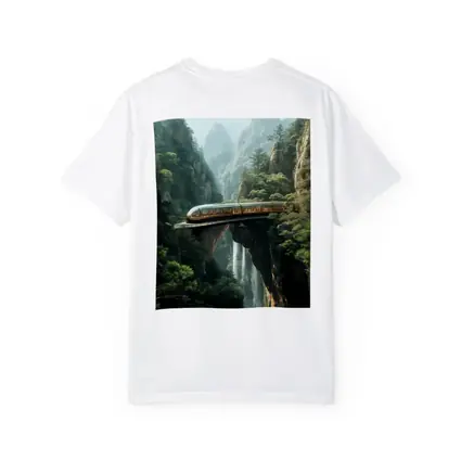 Futuristic Train Over Misty Mountain Waterfall