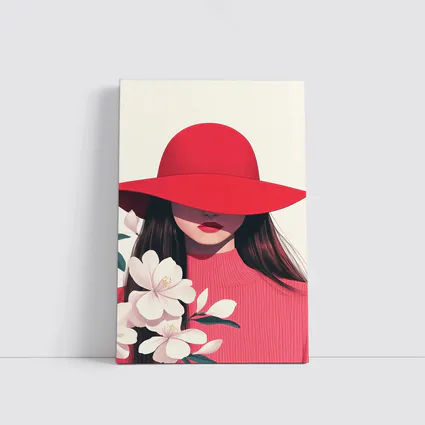Woman Red Hat White Flowers Minimal Art