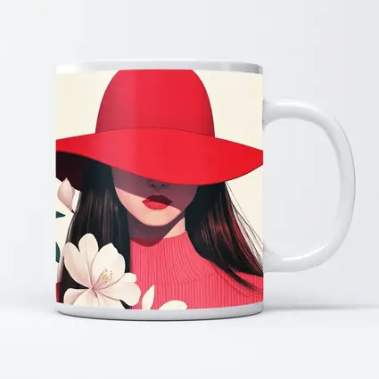 Woman Red Hat White Flowers Minimal Art