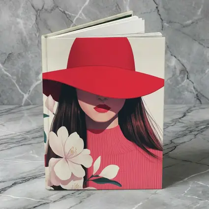 Woman Red Hat White Flowers Minimal Art
