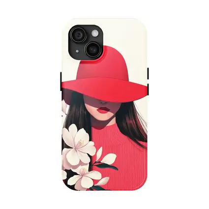 Woman Red Hat White Flowers Minimal Art