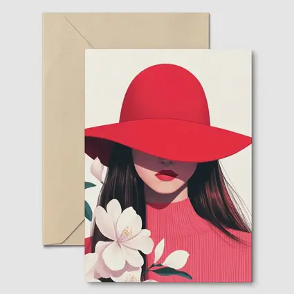 Woman Red Hat White Flowers Minimal Art